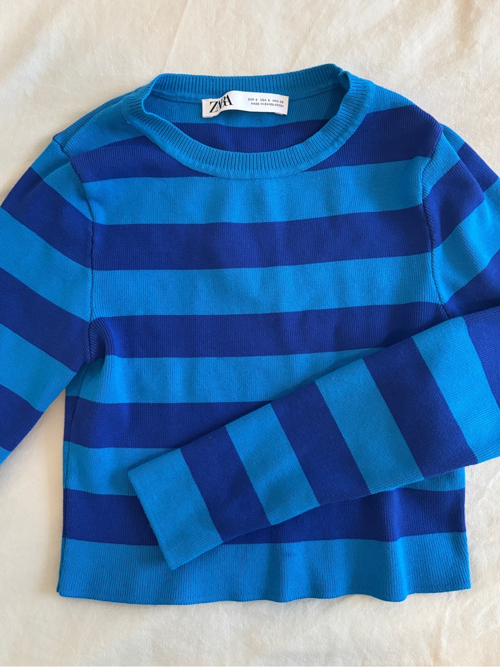 Zara Cropped Blue Striped Long-Sleeve Knit Top